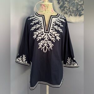 Elie Tahari Navy and White Coral Embroidered Tunic